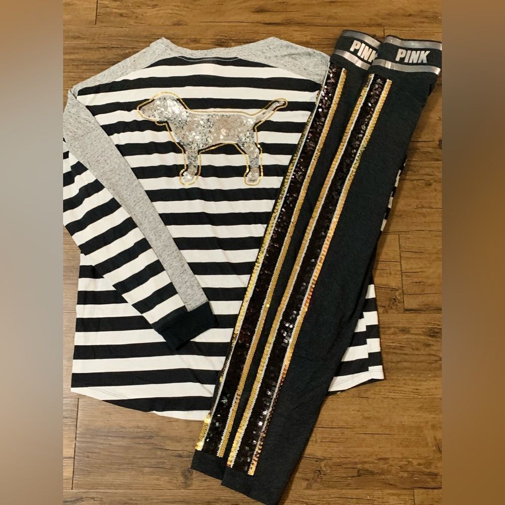 PINK VS STRIPE BLING DOG SHIRT / YOGA LEGGINGS OUTFIT SET L - Picture 7 of 12